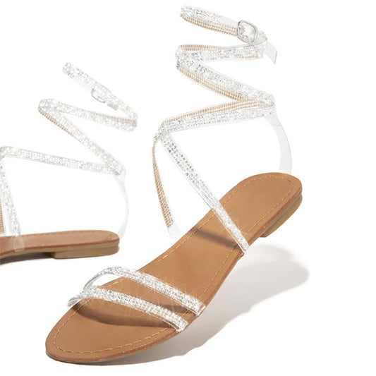 Women's Open Toe Rhinestone Wrap Strap Flats Summer Sandals