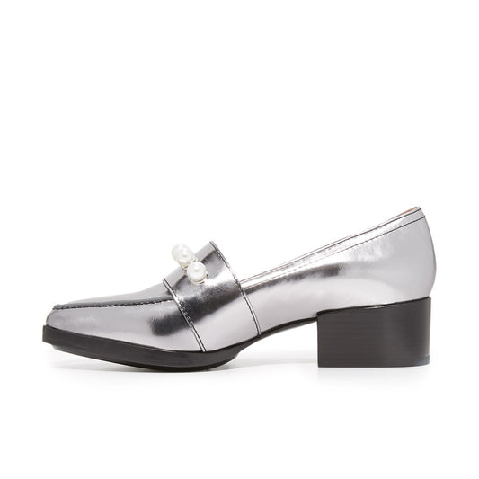 Metallic Silver Pearl Embellished Chunky Heeled Loafers by FSJ