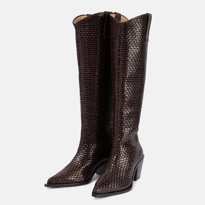 Brown Woven Pointed Toe Block Heel Knee High Boots for Women