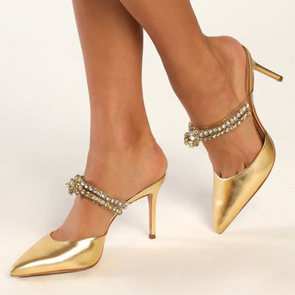 Women's Gold Evening Shoes Pointed Toe Rhinestone Mule Heels