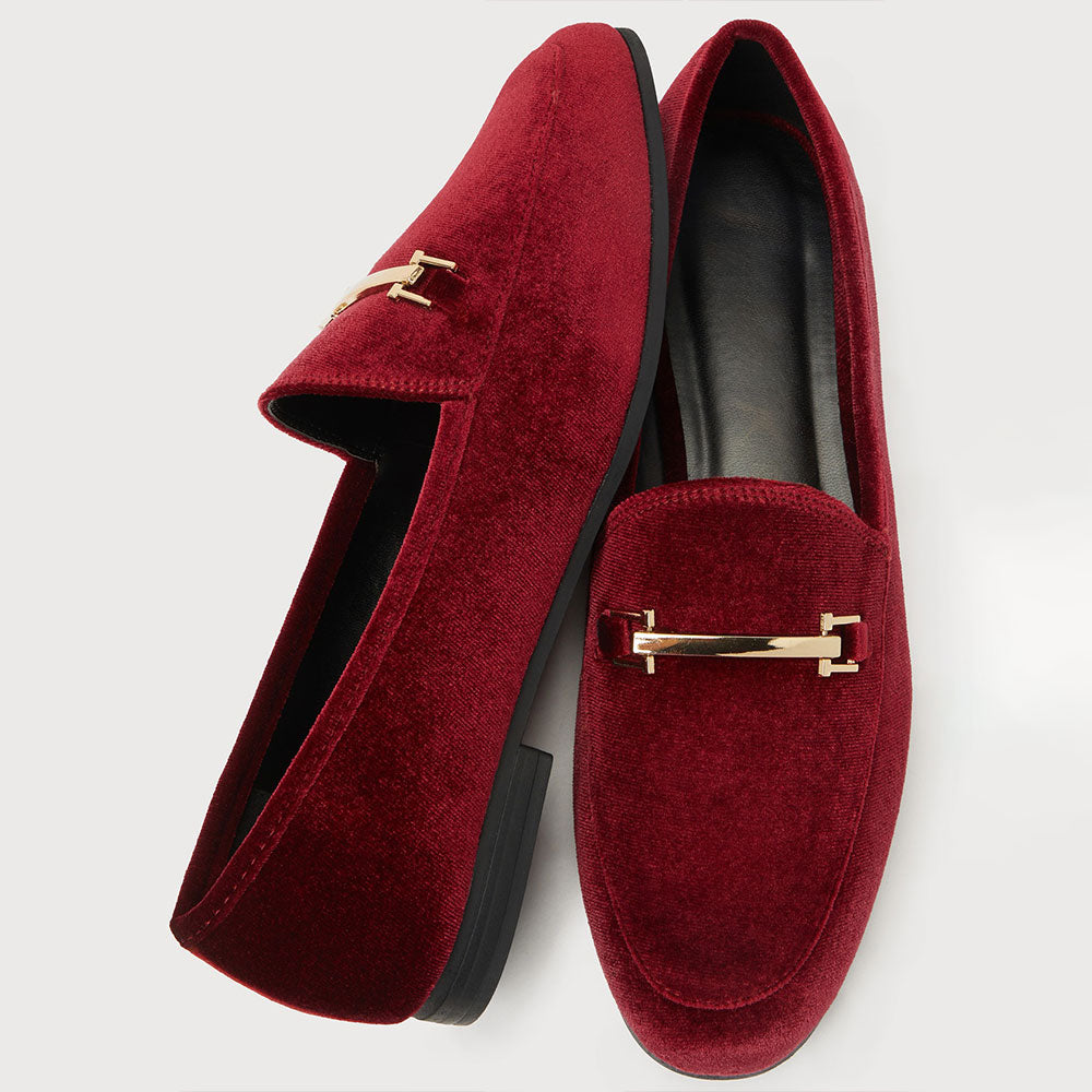 Classic Maroon Velvet Round Toe Flats Metal Horsebit Women's Loafers