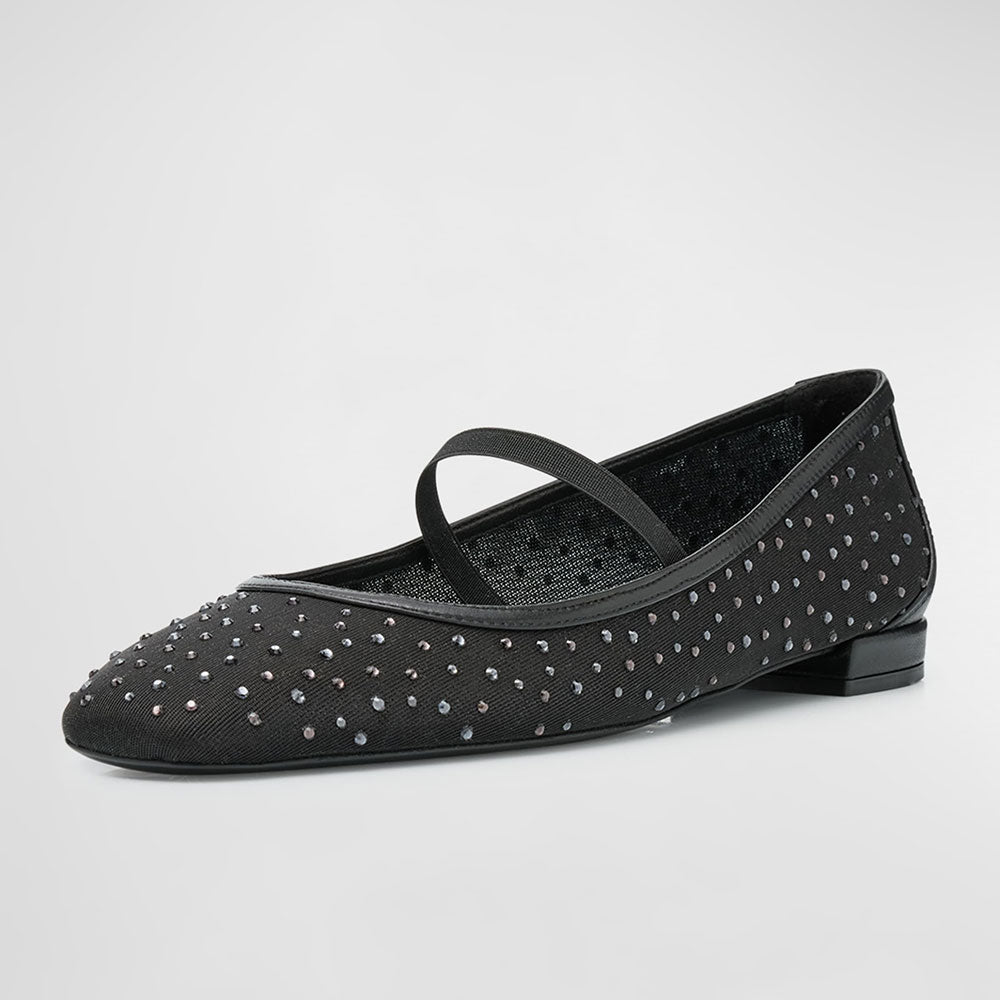 Elegant Crystal Embellished Mesh Round Toe Ballet Flats in Black