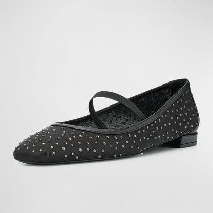 Elegant Crystal Embellished Mesh Round Toe Ballet Flats in Black