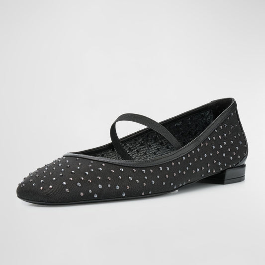 Elegant Crystal Embellished Mesh Round Toe Ballet Flats in Black
