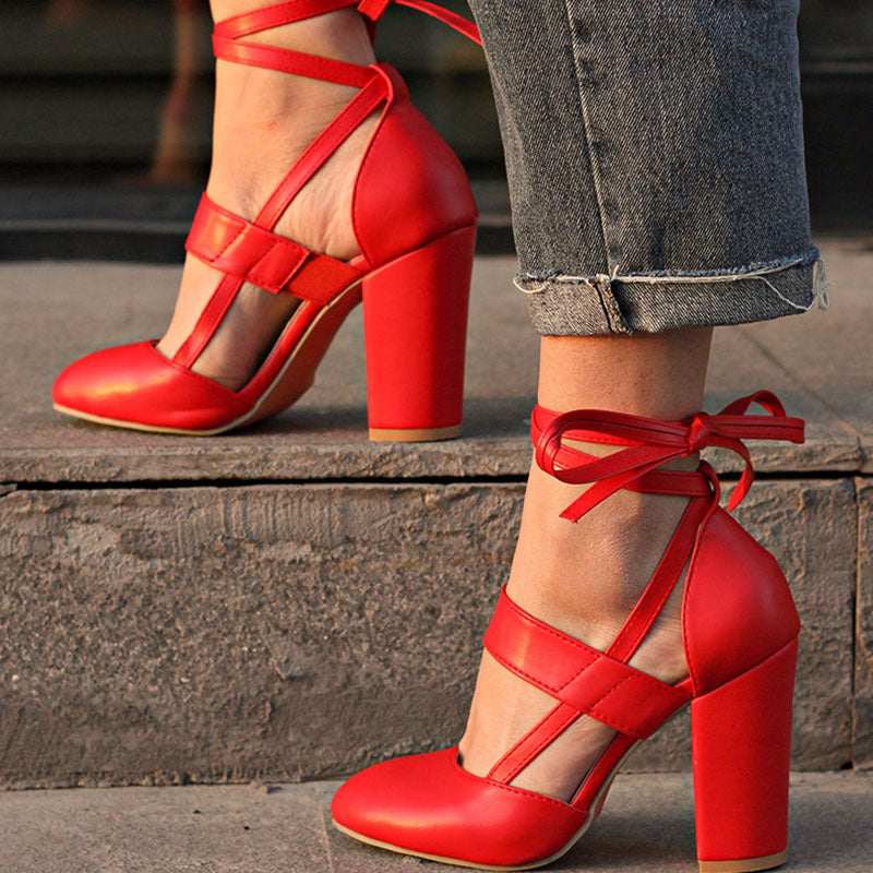 Women's Red Round Toe Ankle Wrap Block Heel Pumps