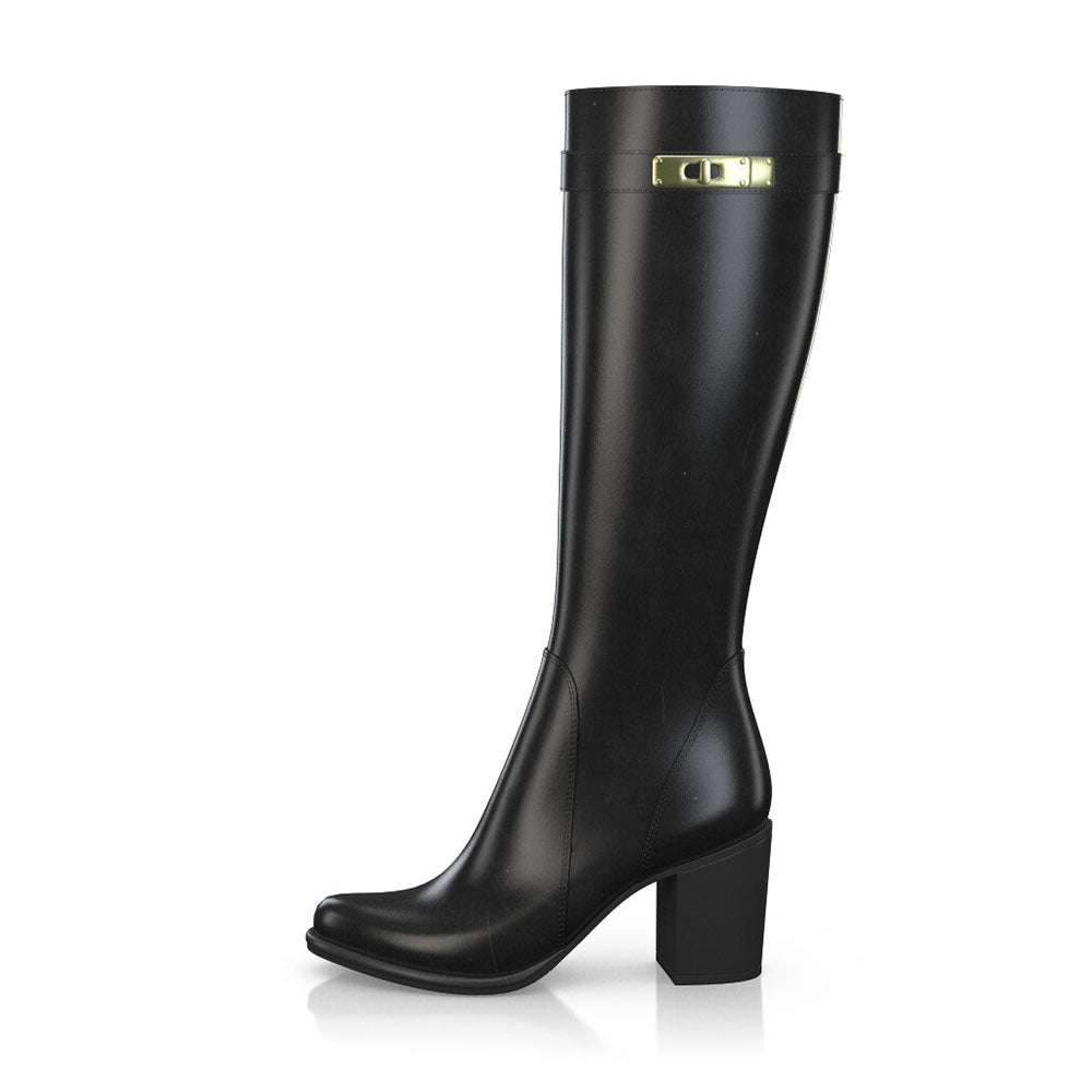 Black Round Toe Gold Metal Buckle Knee High Boots with Block Heels