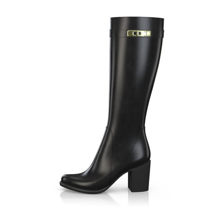 Black Round Toe Gold Metal Buckle Knee High Boots with Block Heels