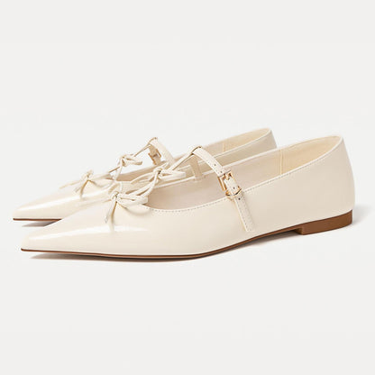 FSJ Ivory Bow Decor Buckle Strap Elegant Pointed Toe Flats
