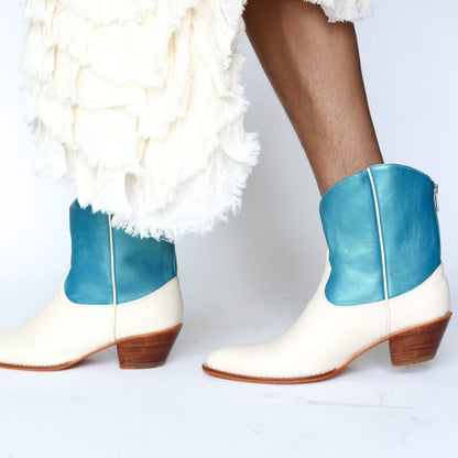 White & Blue Patchwork Pointed Toe Chunky Heel Cowgirl Ankle Boots