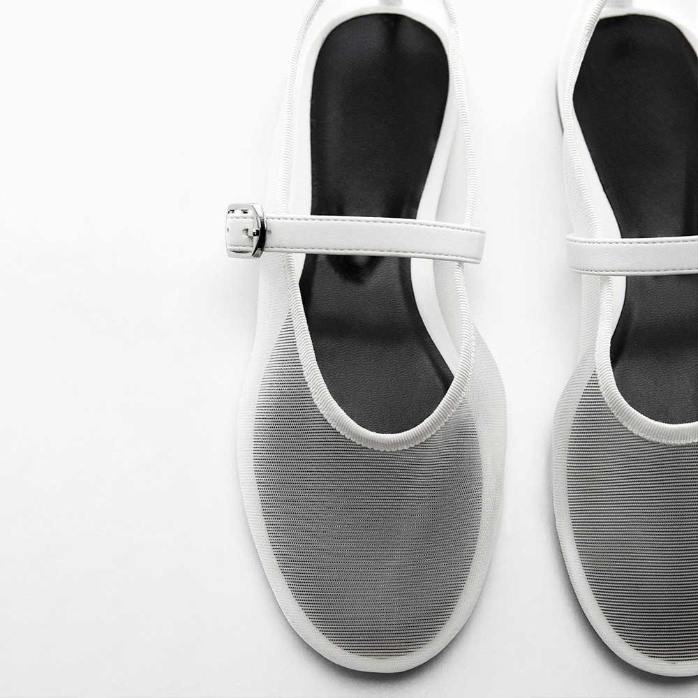 Women's White Mesh Sophisticated Buckle Strap Comfy Ballet Flats