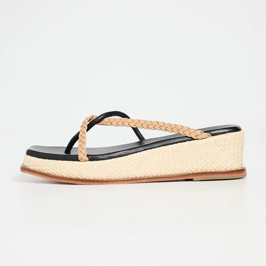 Black & Beige Woven Raffia Square Toe Platform Wedge Sandals for Women