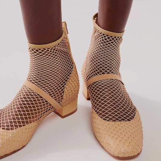 Beige Fishnet Round Toe Block Heel Back-Zip Ankle Boots