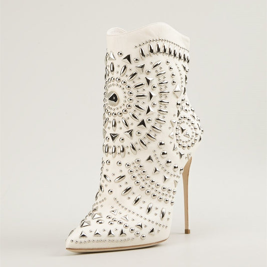 White Studs Shoes Stiletto Heel Ankle Boots