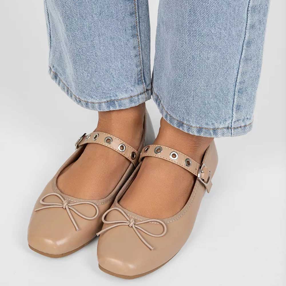 Stylish Nude Square Toe Bow Decor Ballet Flats with Buckled Strap