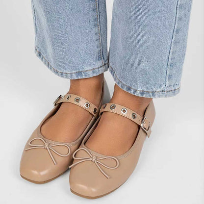 Stylish Nude Square Toe Bow Decor Ballet Flats with Buckled Strap
