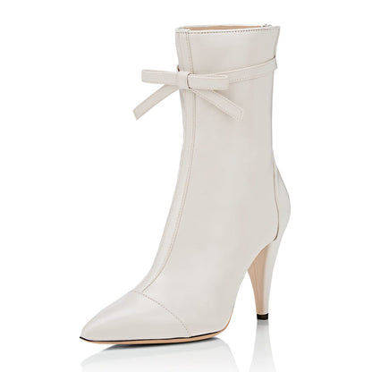Ivory Pointy Toe Cone Heel Bow Mid Calf Boots