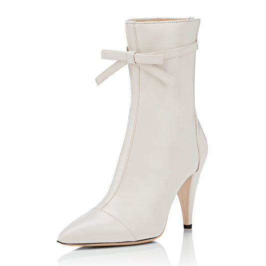 Ivory Pointy Toe Cone Heel Bow Mid Calf Boots