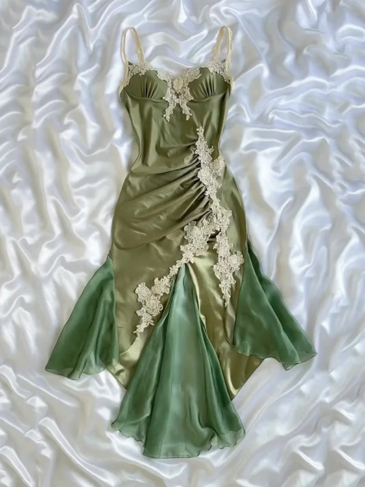 Vintage Green Applique Prom Dress Sheath Evening Dress Spaghetti Strap Fairy Dress TP4677