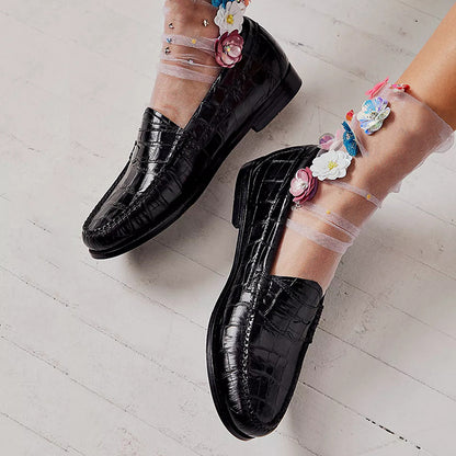 Black Croco Embossed Round-Toe Flat Penny Loafers for Women