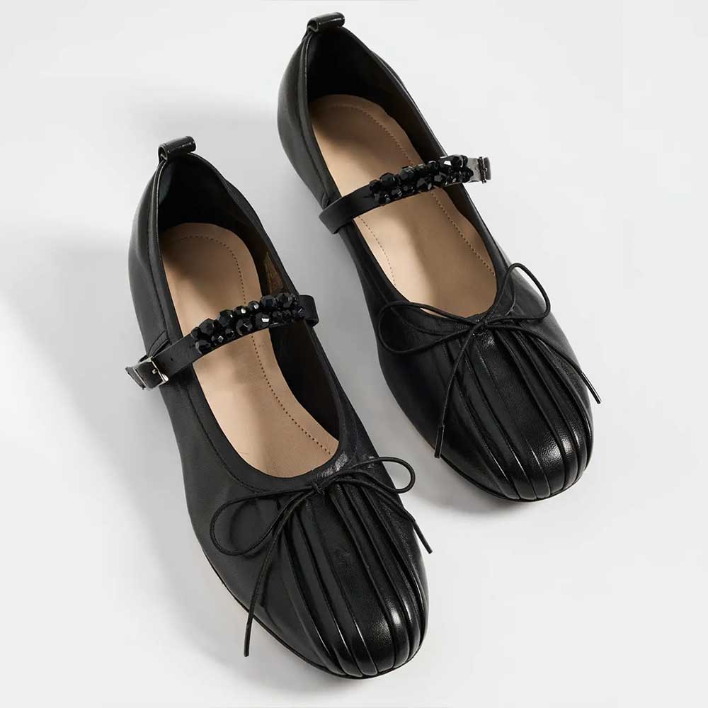 Black Bow Pleated Round Toe Ballet Flats with Beaded Buckle Strap