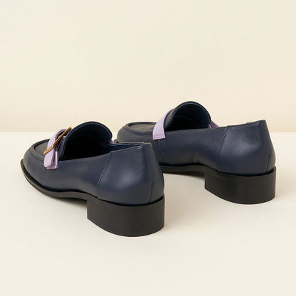Fashion Navy Square Toe Low Heel Buckled Chunky Loafers for Ladies