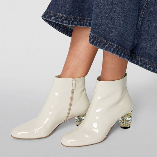 White Closed Toe Decorative Heel Side-Zip Closure Ankle Boots