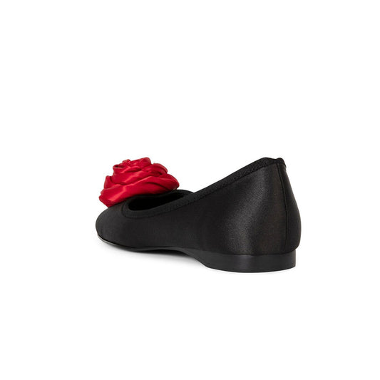 Black Satin Square Toe Ballet Flats with Red Rose Embellished