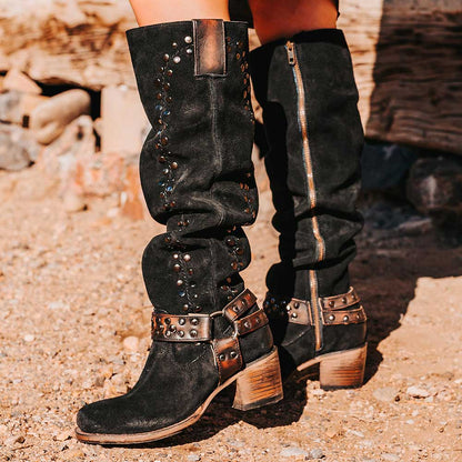 Black Faux Suede Square Toe Chunky Heel Studded Knee High Boots