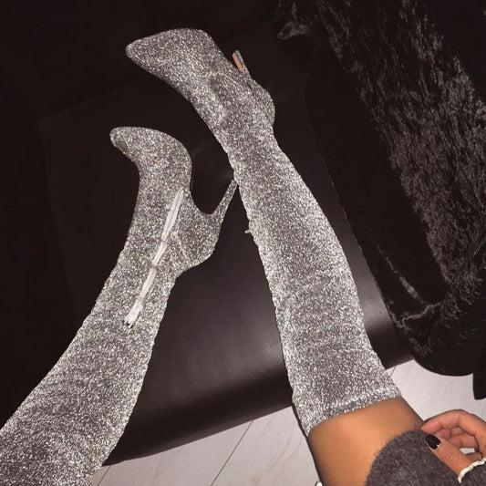 Women's Silver Almond Toe Stiletto Heel Over-the-Knee Sparkly Boots