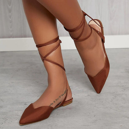 Brown Satin Pointed Toe Flats Lace Up Women's Trendy Shoes