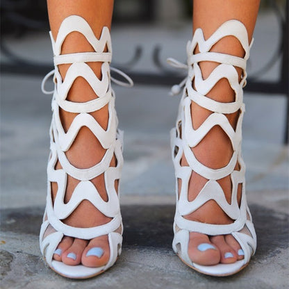 Women's White Slingback Hollow Out Caged Lace Up Heeled Sandals