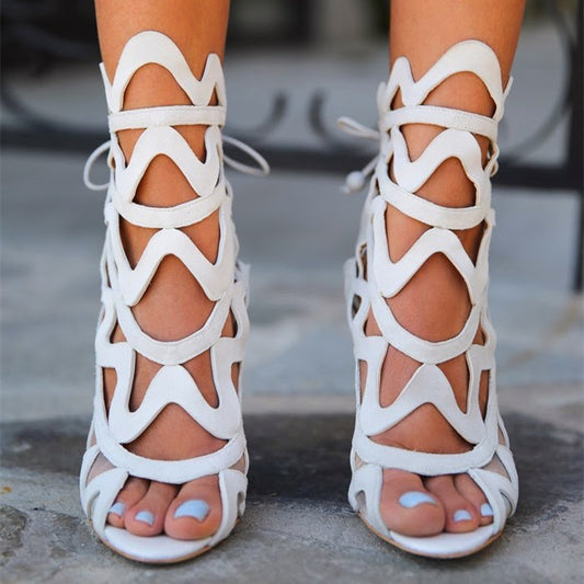 Women's White Slingback Hollow Out Caged Lace Up Heeled Sandals