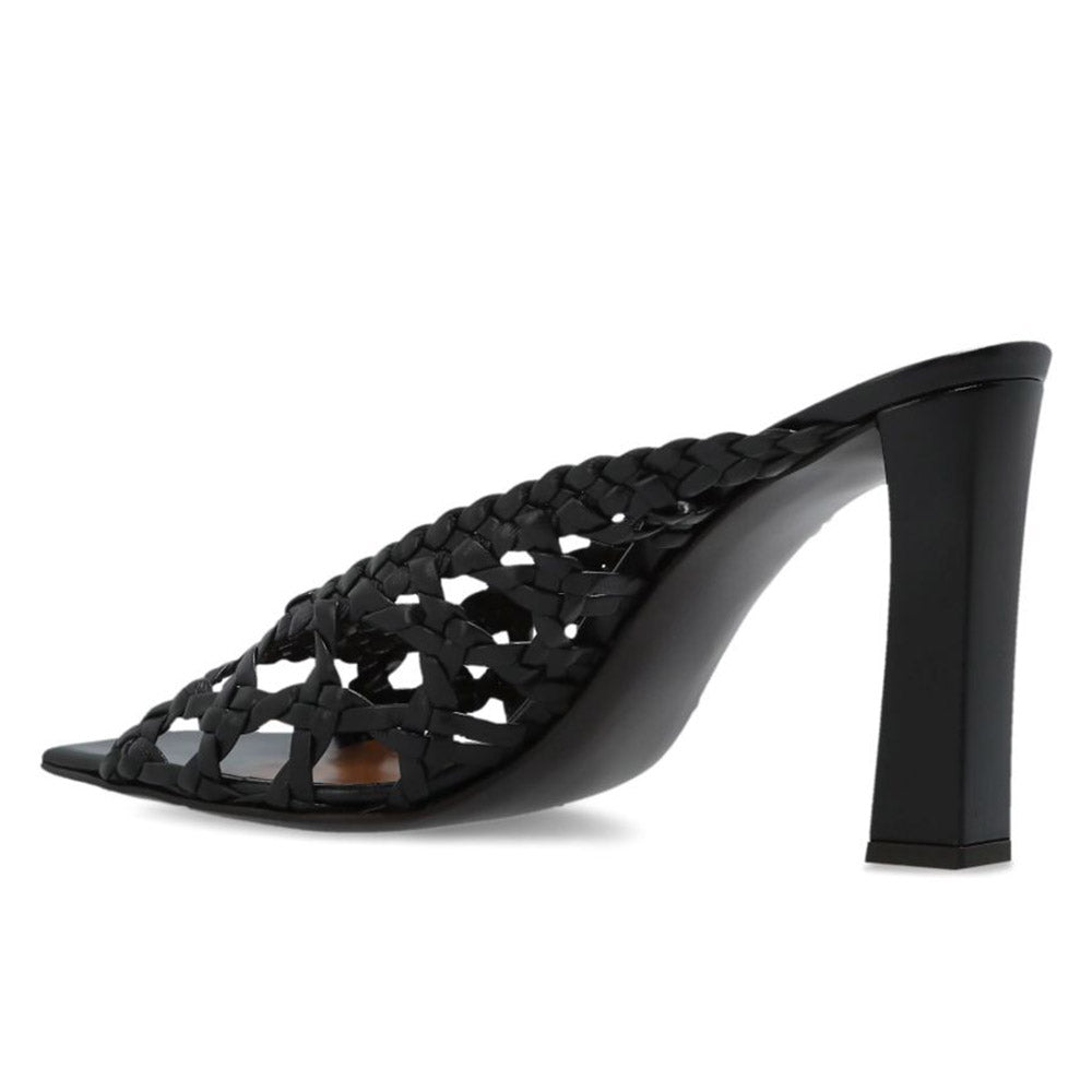 Black Vegan Leather Woven Square Toe Chunky High Heel Slides for Women