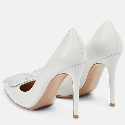 Women's White Pointy Toe Stiletto Heel Pumps with Faux Gem Decor