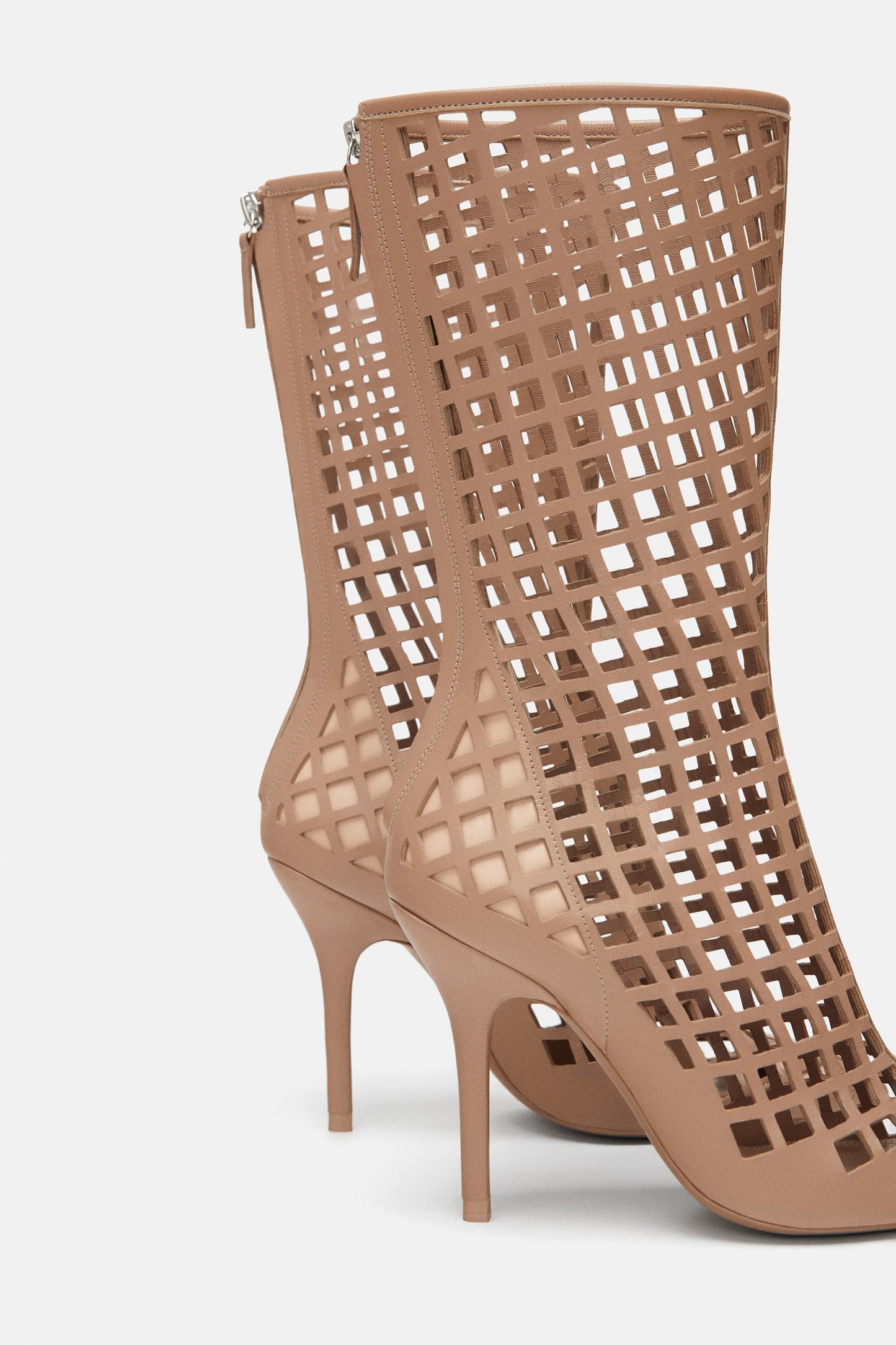 Nude Closed Toe Zip Closure Caged High Heel Mid Calf Boots for Women