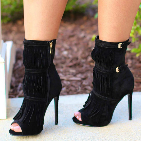Women's Black Peep Toe Stiletto Heel Buckle Ankle Boots with Fringe