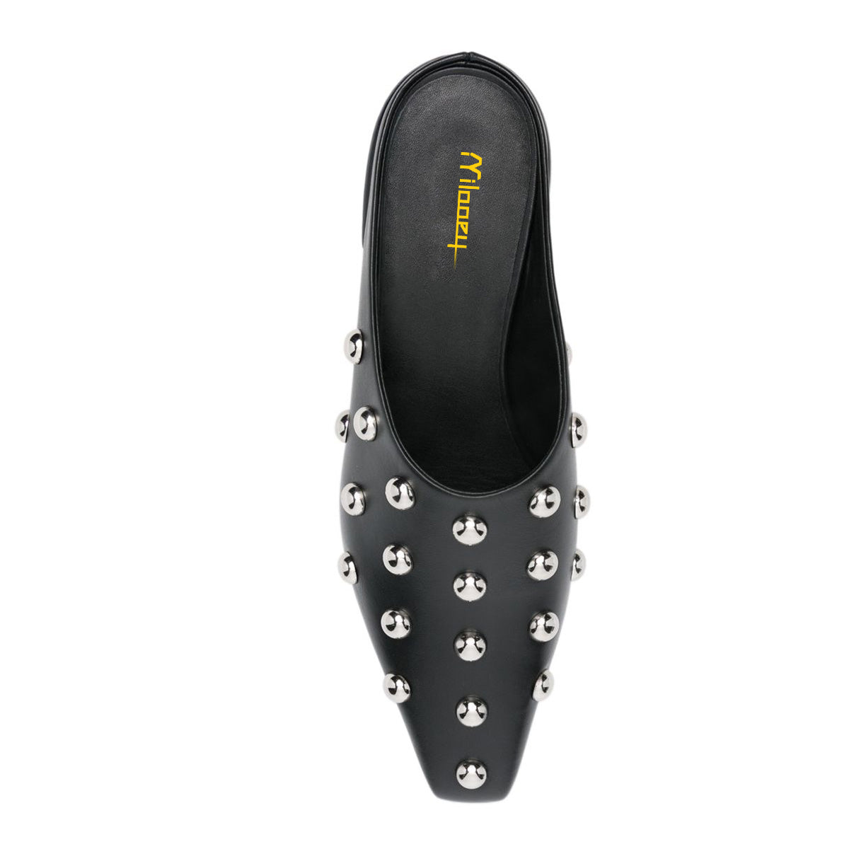 Women's Studded Square Toe Slip On Black Block Heel Mules Shoes