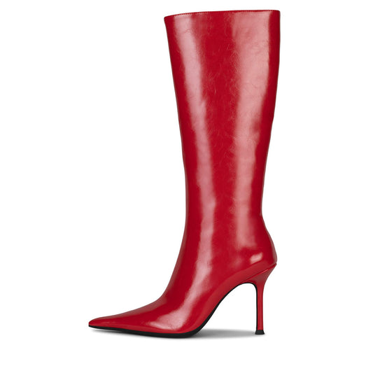 Red Pointed Toe Wide Calf Knee High Boots with Chunky Heels