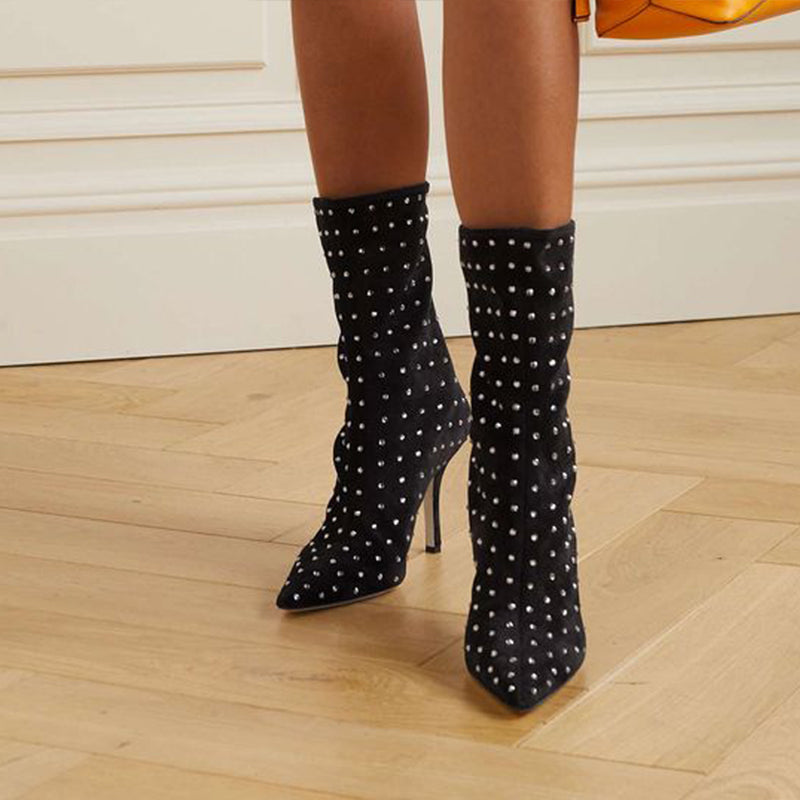 Rhinestone Embellished Pointed Toe Heeled Mid Calf Boots in Black
