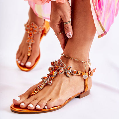 Orange Open Toe Metallic Ankle Strap Sandals Rhinestone Flats