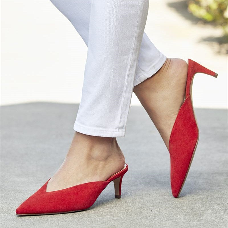 Women's Red Vegan Suede Pointy Toe Kitten Heels Mules