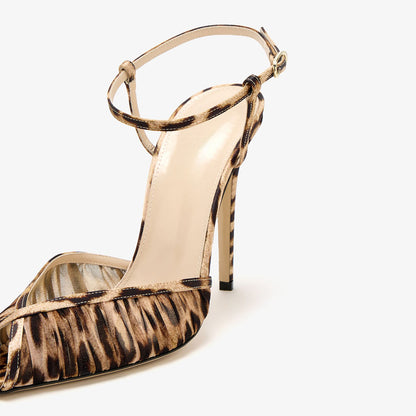 Brown Animal Print Peep Toe Ankle Strap Pleated Women's Heel Sandals
