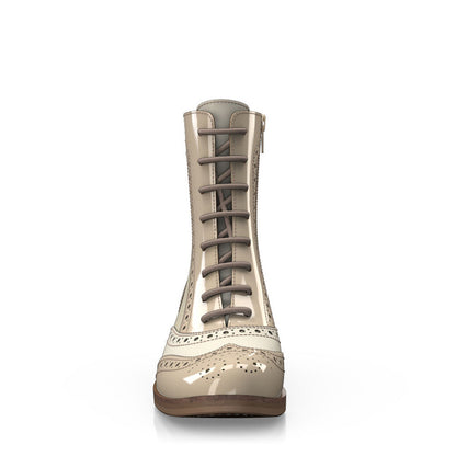 Beige Round Toe Block Heel Lace Up Ankle Booties for Women