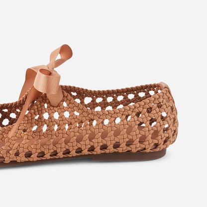 Tan Vegan Leather Cut-Out Closed-Toe Woven Flat Shoes Women