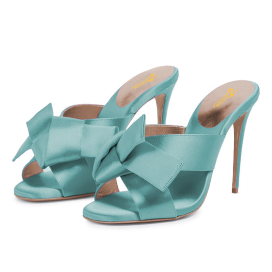 Trendy Turquoise Open Round Toe Knot Accent Satin Mule Heels