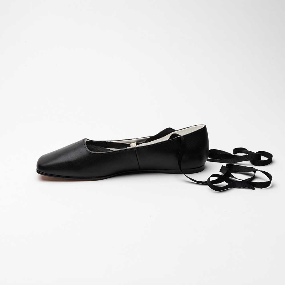 Vegan Leather Square Toe Lace-Up Lady's Ballet Flats in Black