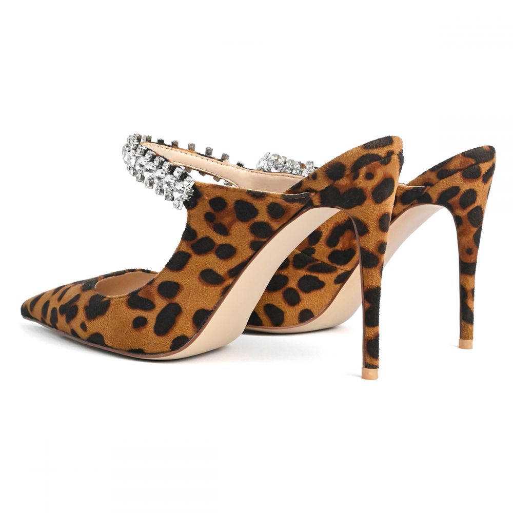 Women's Leopard Print Pointed Toe Rhinestone Strap High Heel Mules
