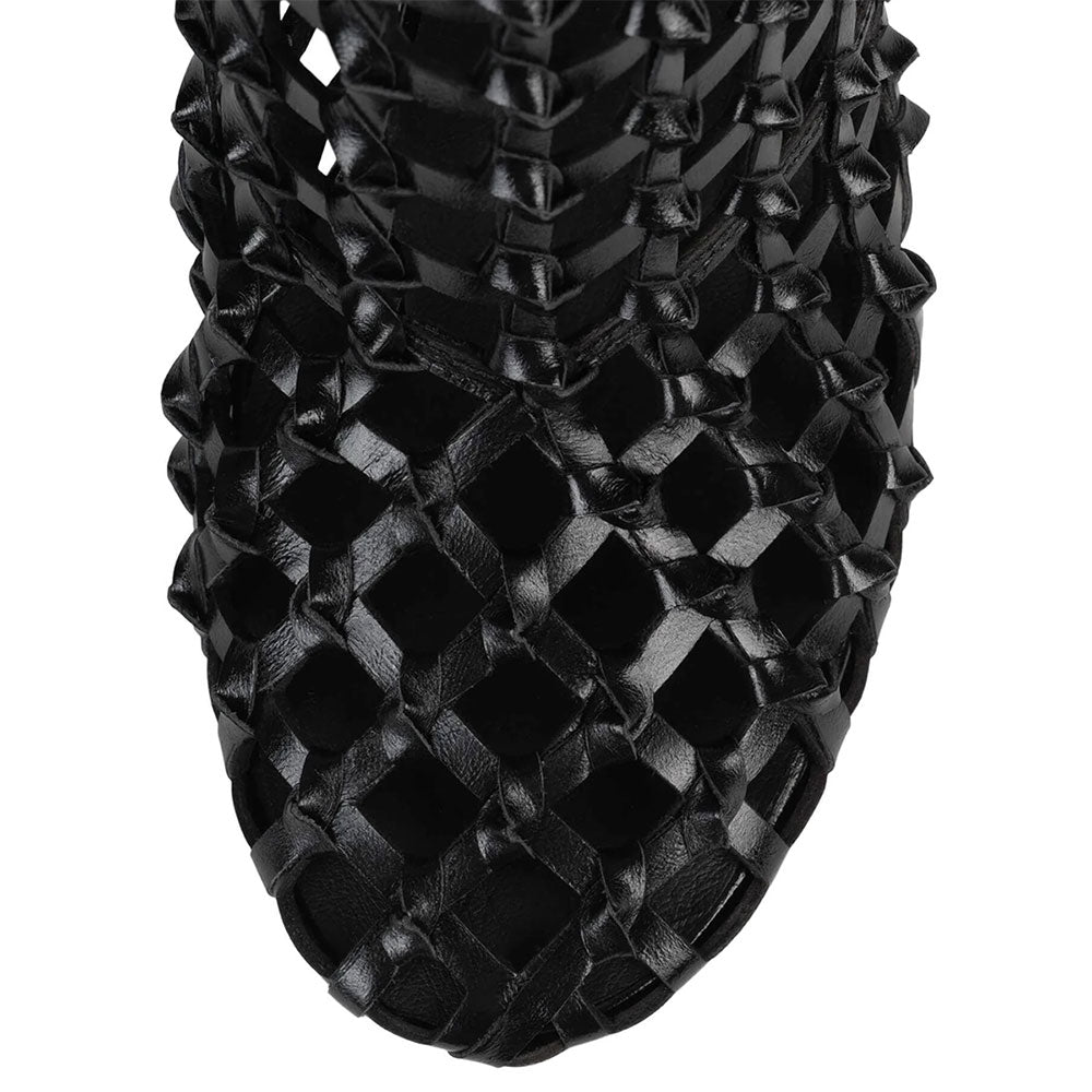 Black Woven Round Toe Stiletto Heel Ankle Boots with Buckled Strap