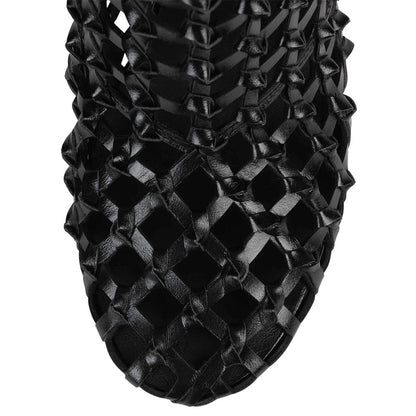 Black Woven Round Toe Stiletto Heel Ankle Boots with Buckled Strap