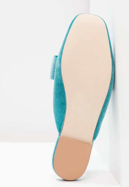 Turquoise Velvet Flats Square Toe Bow Mule Loafers for Women